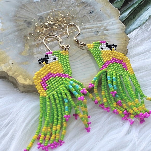 Hand Beaded Parrot Earrings - Picture 1 of 4